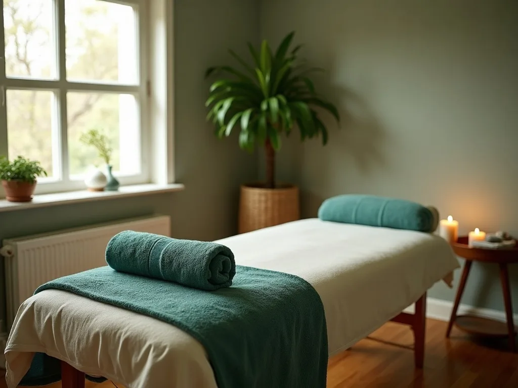A calm, inviting therapeutic bodywork treatment room with soft natural light