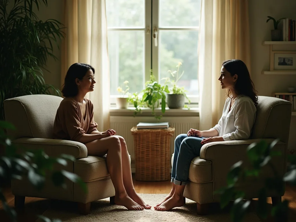 A warm, supportive counseling conversation in a cozy, plant-filled room